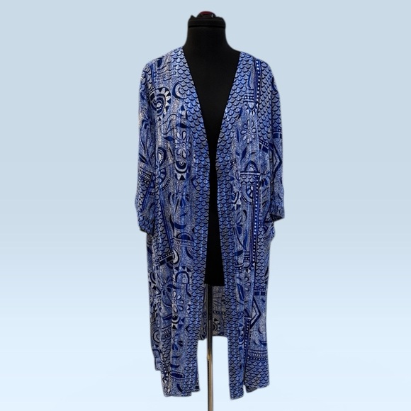 Catherines Tops - Catherines Navy and White Printed Open Kimono Duster